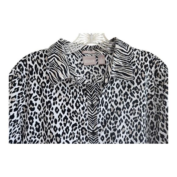 CHICO'S 2 Women 12 14 Blouse Button Up Animal Print Contrast Cuff 3/4 Sleeve 42" - Picture 2 of 7